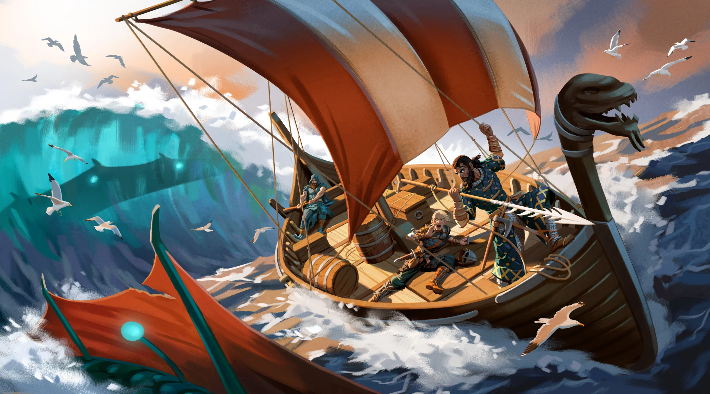 Arte de base viking de Valheim, longo lar de madeira em palafitas com salão de hidromel e fumaça subindo
