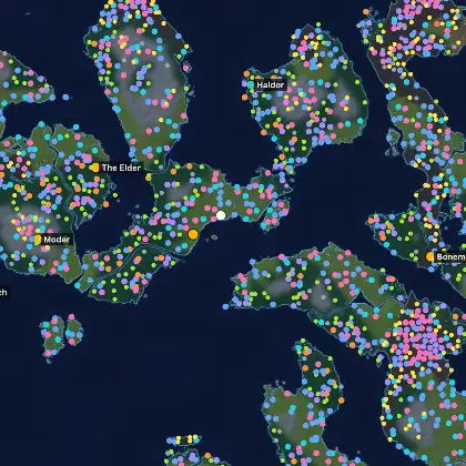 Mapa del mundo de Valheim con la semilla 0: terreno por bioma con cada altar de Forsaken, mercader, mazmorra y monumento que coloca el generador 1.0, desde la isla de inicio.
