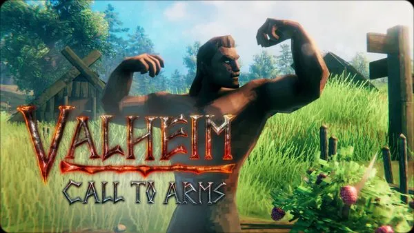 La obra de título oficial de la actualización Call to Arms, mostrando a un personaje de Valheim en una postura de combate dinámica