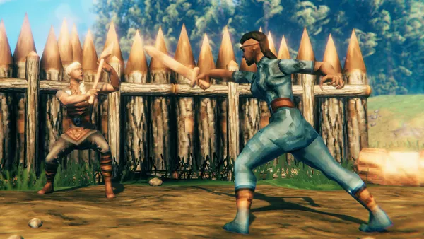 Dos personajes de Valheim practicando golpes de espada el uno contra el otro delante de una empalizada de madera