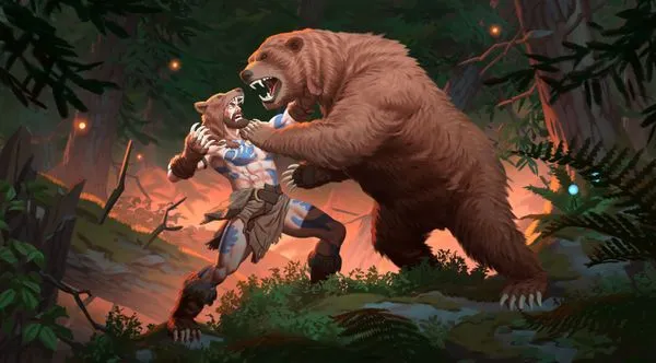 Ilustração oficial do Valheim de um urso se lançando sobre um personagem, com a luz do fogo ao fundo na Floresta Negra