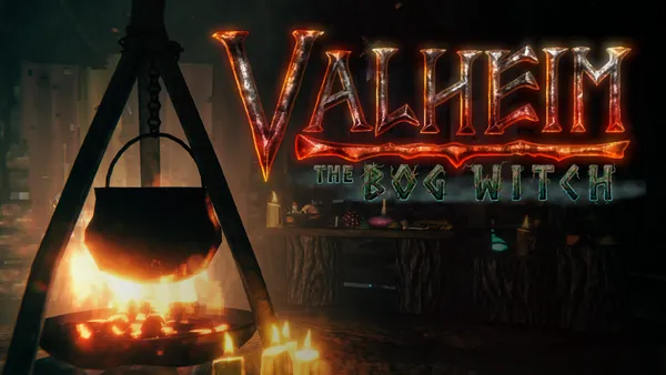 Official Valheim illustration of a longhouse feast — Vikings eating at a table piled with food, with a wolf standing nearby