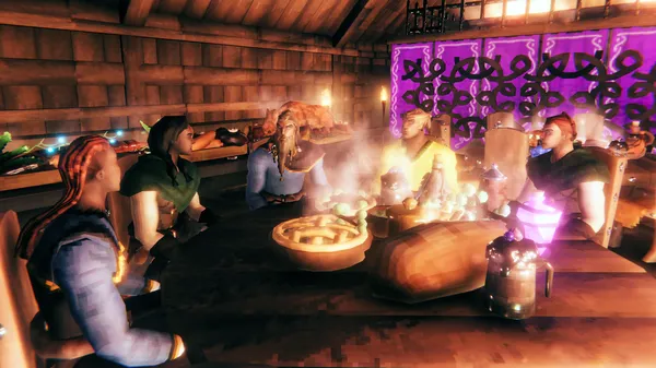 Cinco jugadores compartiendo una larga mesa de banquete en una longhouse: una olla humeante de comida, un odre de madera y lámparas, con una pared de runas brillante al fondo